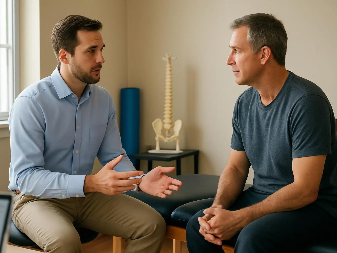 Two men sit facing each other in a clinic room, talking beside a spine model on a table