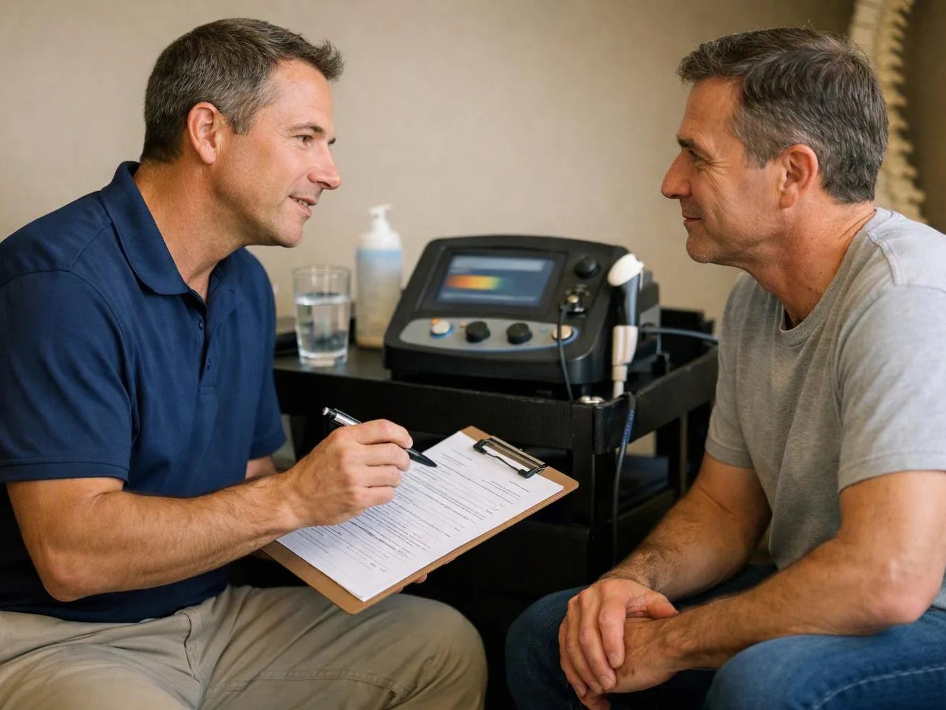 Two men sit facing each other while one takes notes on a clipboard beside a treatment machine