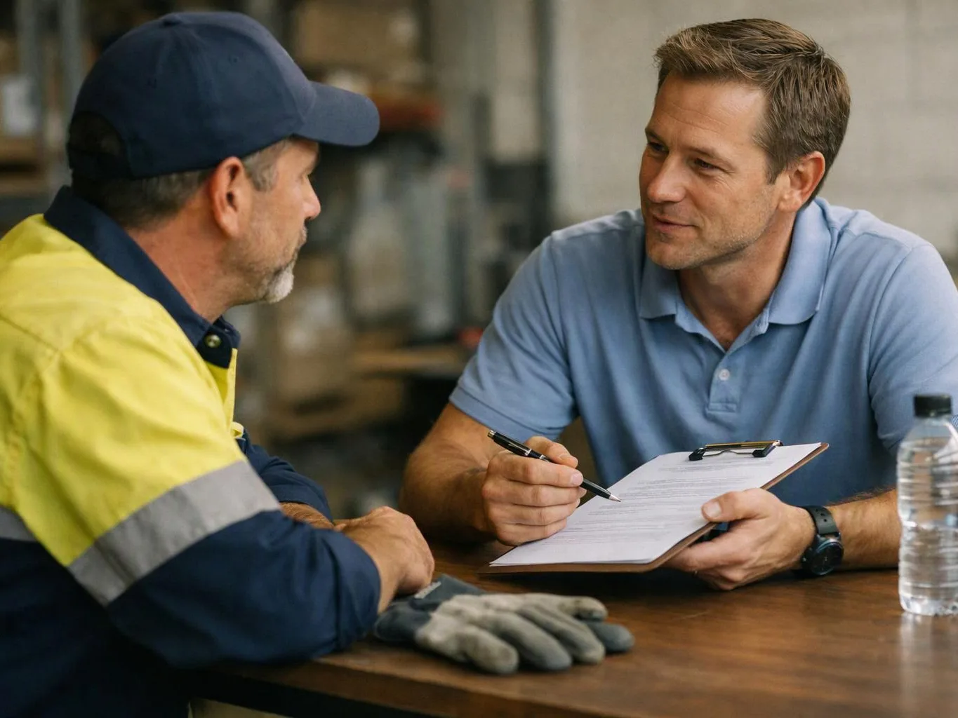 Two men sit at a table, one reviewing a clipboard while the other listens in a workshop setting