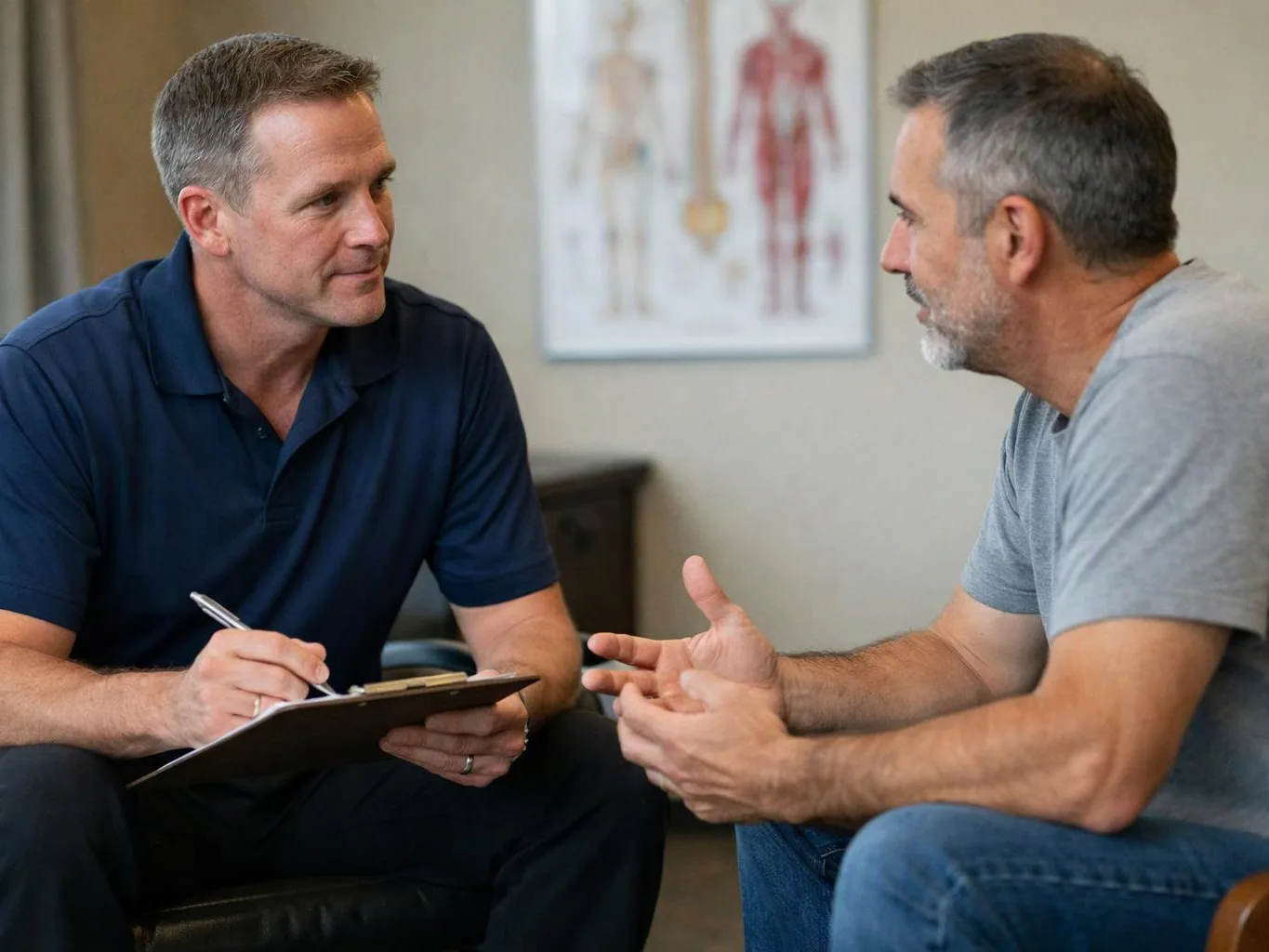 Two men talk in a clinic, one taking notes on a clipboard while the other gestures during a consultation