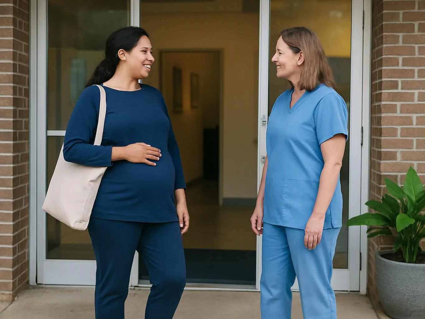 Two women stand smiling at a glass doorway, one in navy carrying a tote and the other in blue scrubs