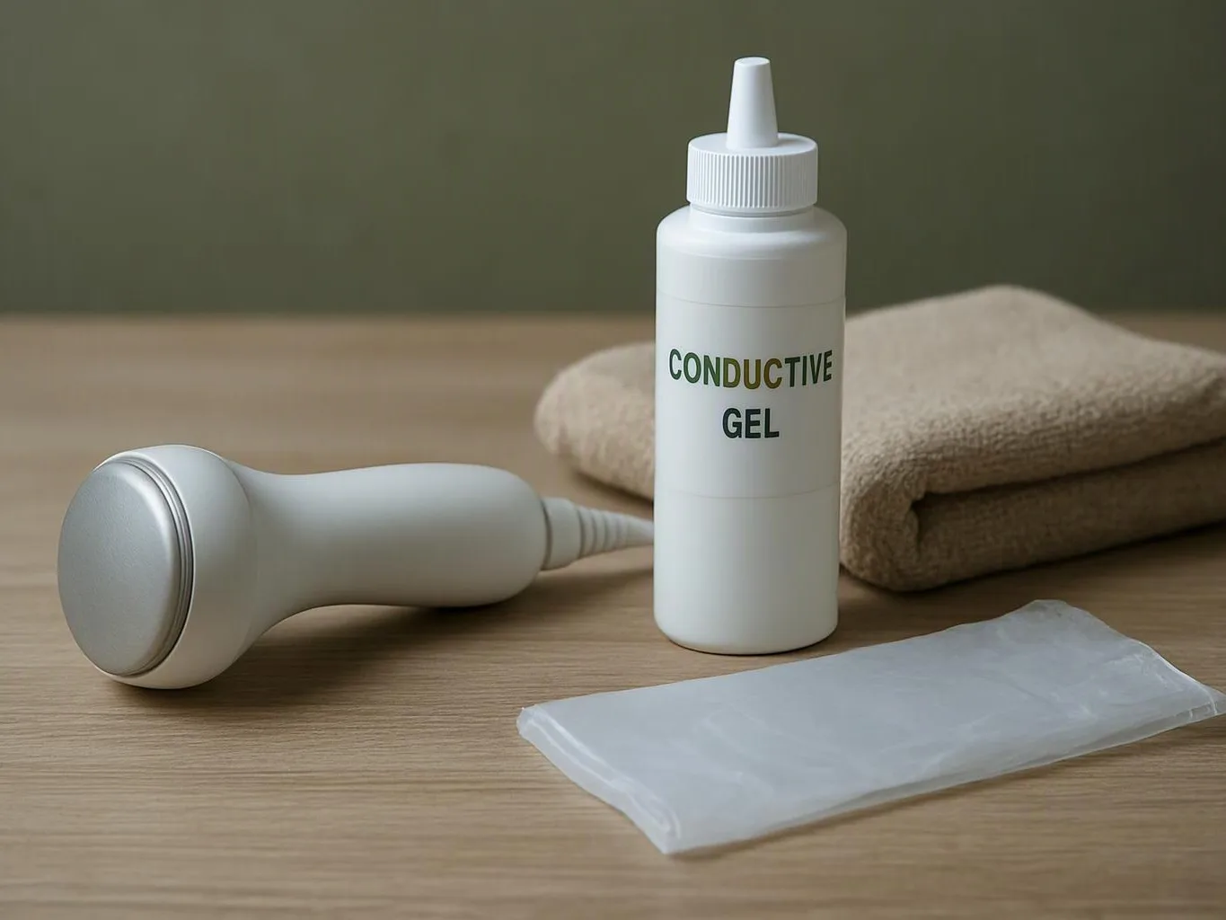 A white handheld device, gel bottle, folded towel, and packet sit on a wooden table