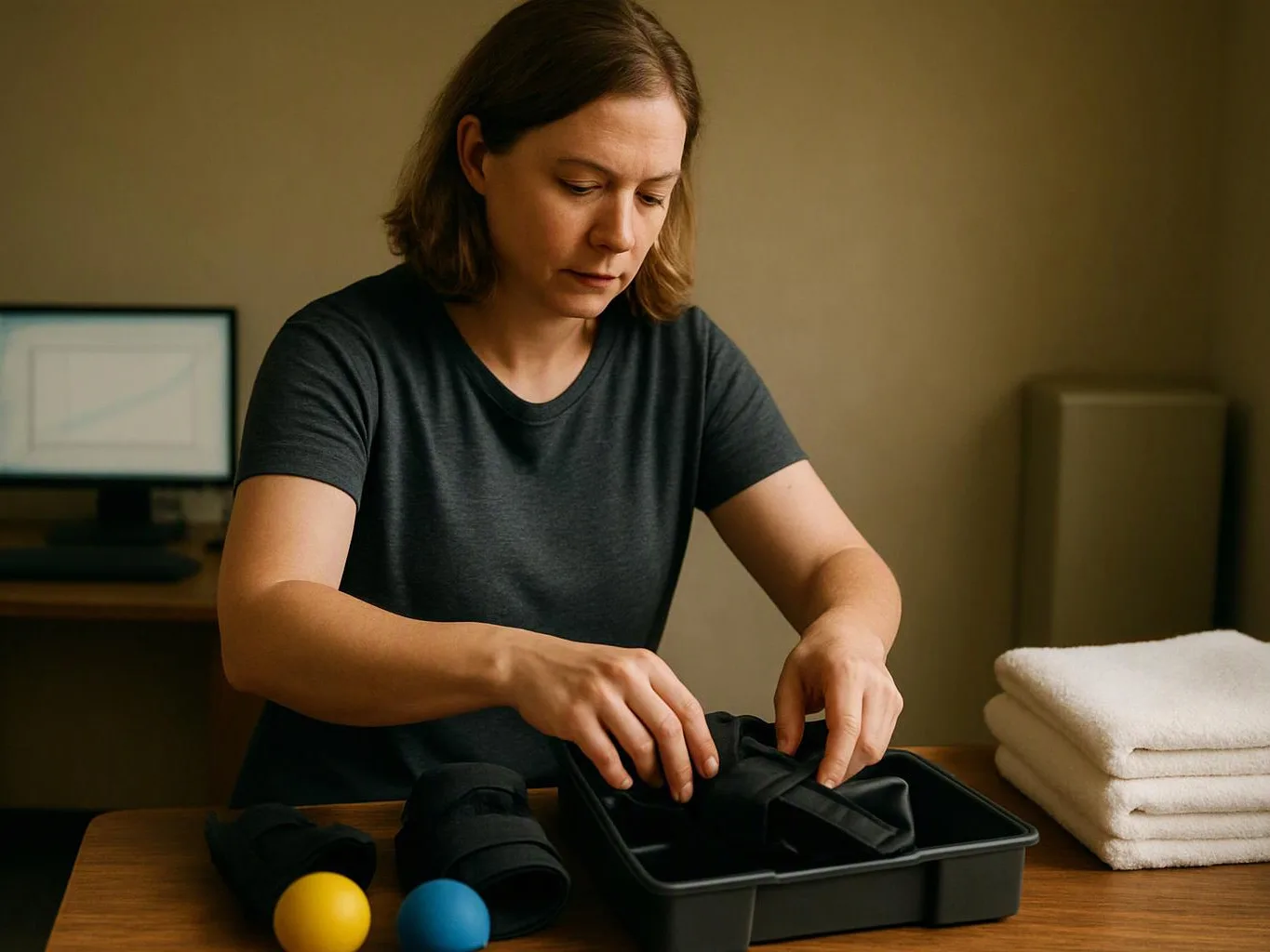 A woman arranges black fabric items in a tray beside towels on a wooden table