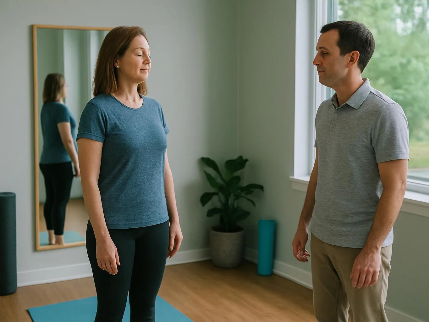 A woman and man stand facing each other on yoga mats in a bright room with a mirror and window