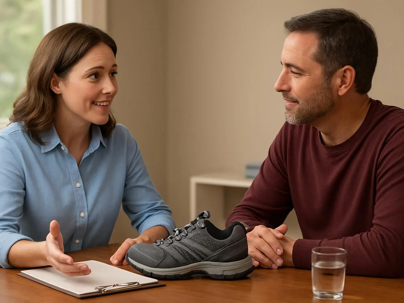 A woman and man talk across a table with a shoe, notebook, and glass of water between them