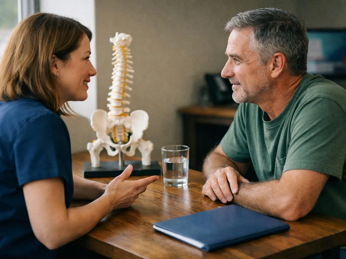 A woman and an older man talk across a table with a spine model and a glass of water between them