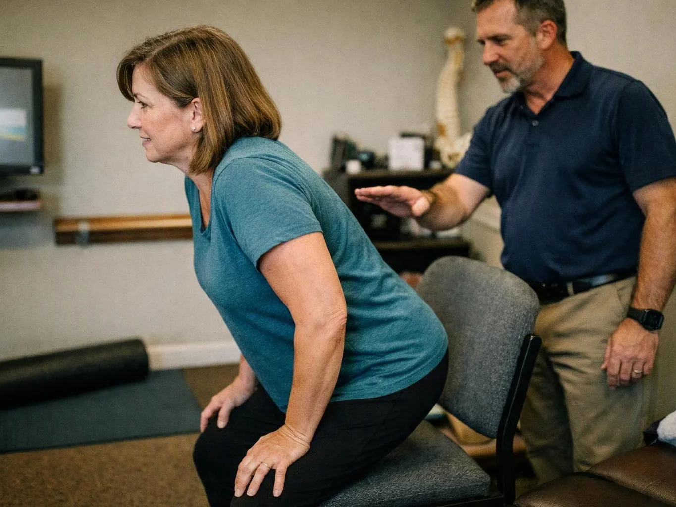 A woman rises from a chair while a man reaches toward her in a therapy room