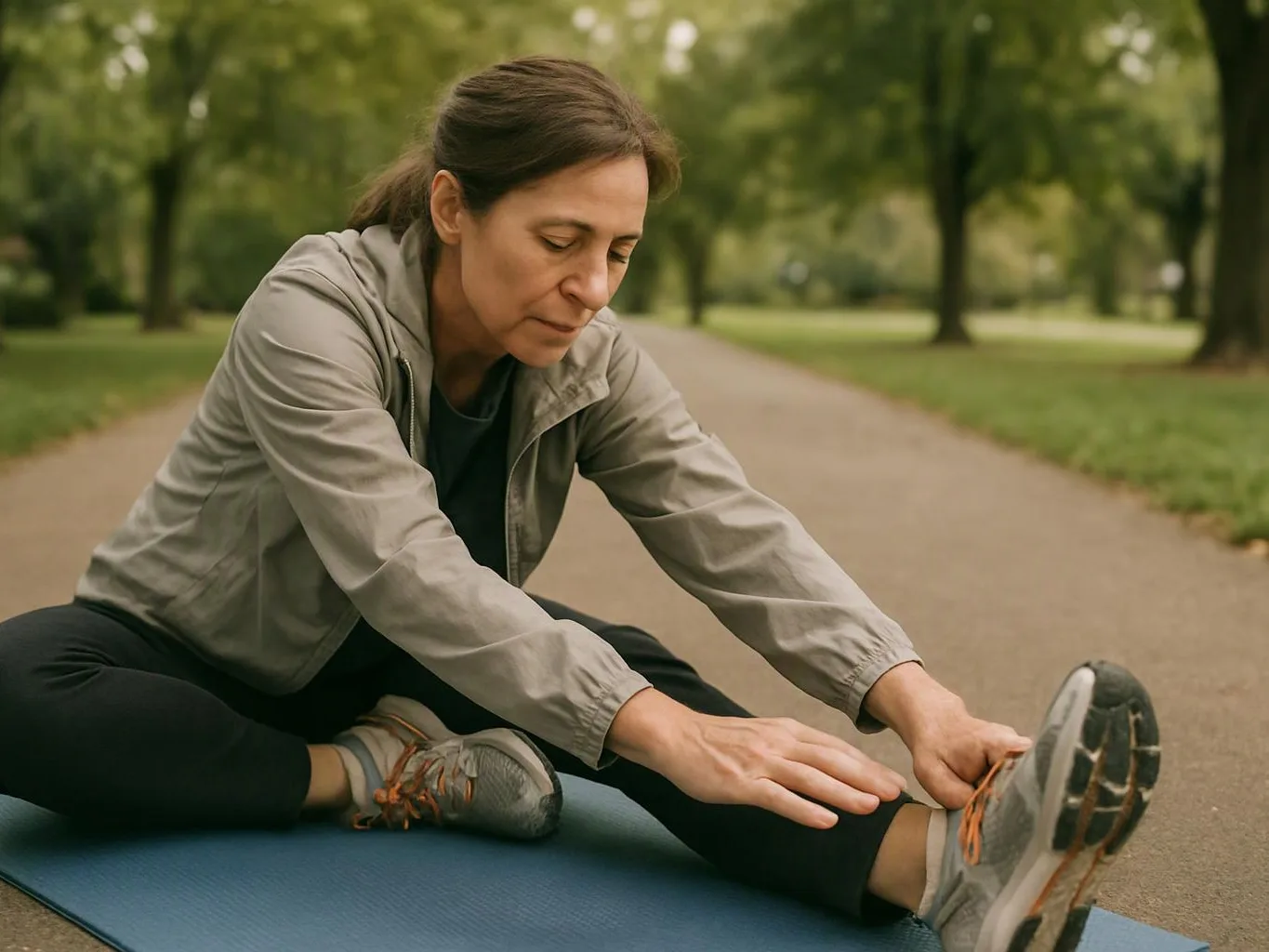 A woman sits on a yoga mat in a park, stretching her leg and reaching toward her foot