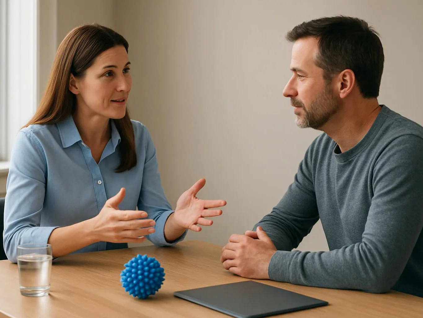 A woman speaks with a man across a table, with a blue spiky ball and closed laptop between them