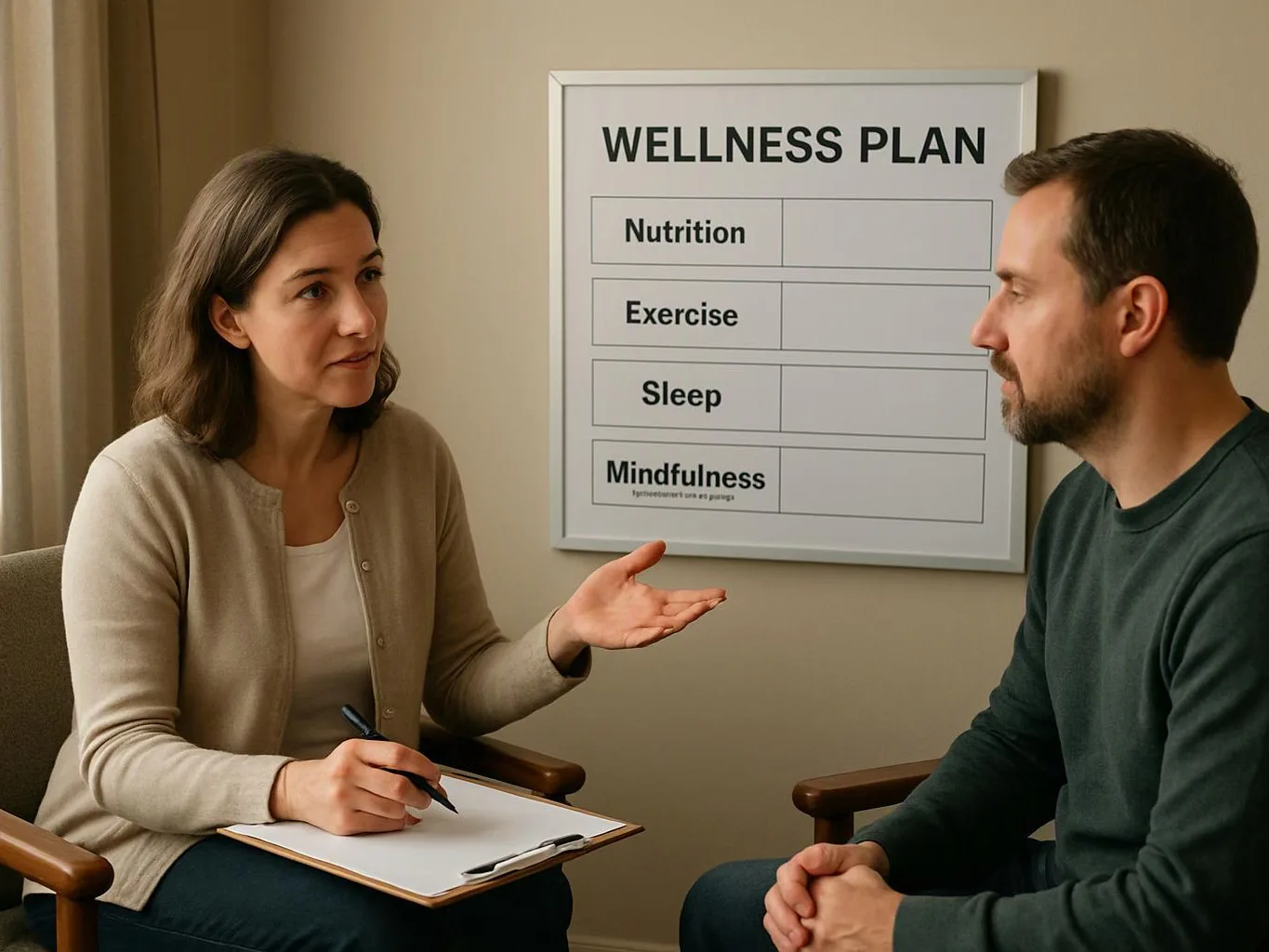 A woman speaks to a man in a 상담 room, with a wellness plan board behind them