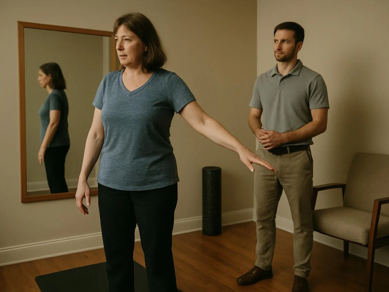 A woman stands with one arm extended while a man watches in a quiet exercise room with a mirror and mat