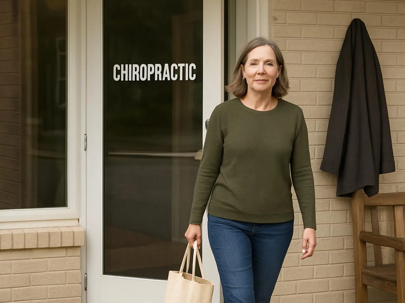 A woman walks past a glass door labeled "CHIROPRACTIC" holding a tote bag outside a brick building