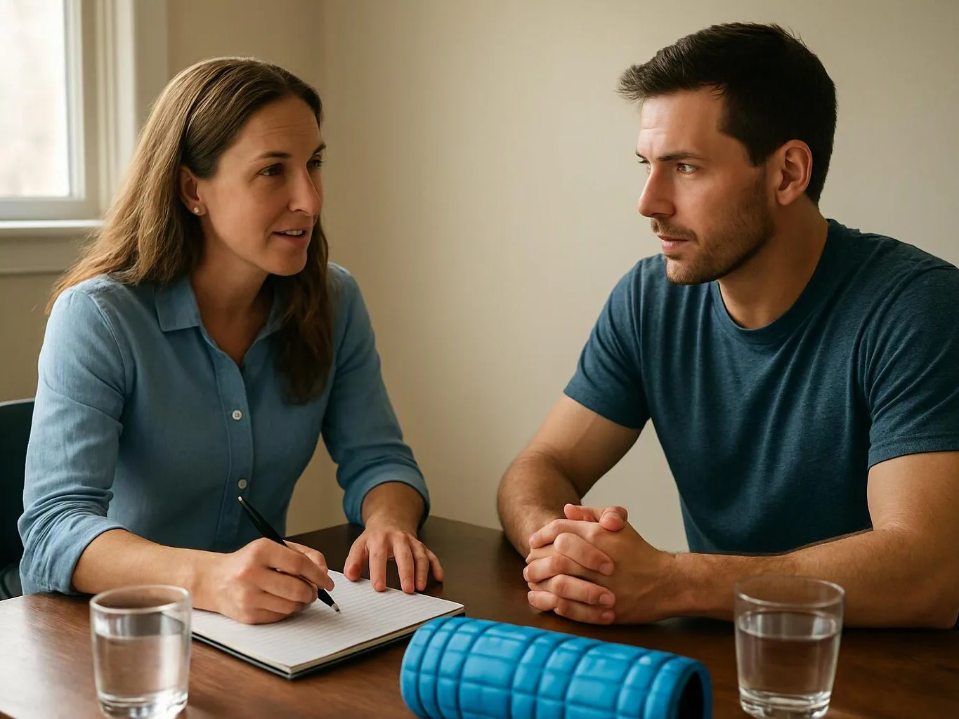 A woman writes in a notebook while talking to a man across a table with glasses of water and a blue foam roller