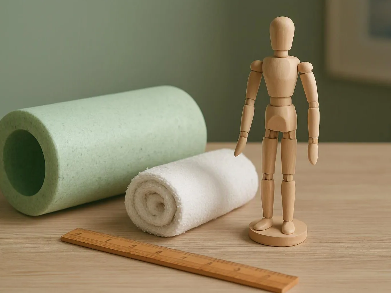 A wooden mannequin stands beside two rolled towels and a ruler on a tabletop