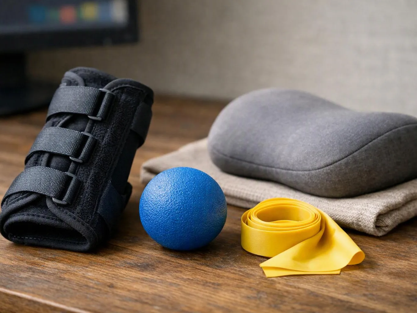 A wrist brace, blue massage ball, yellow resistance band, and gray cushion sit on a wooden table