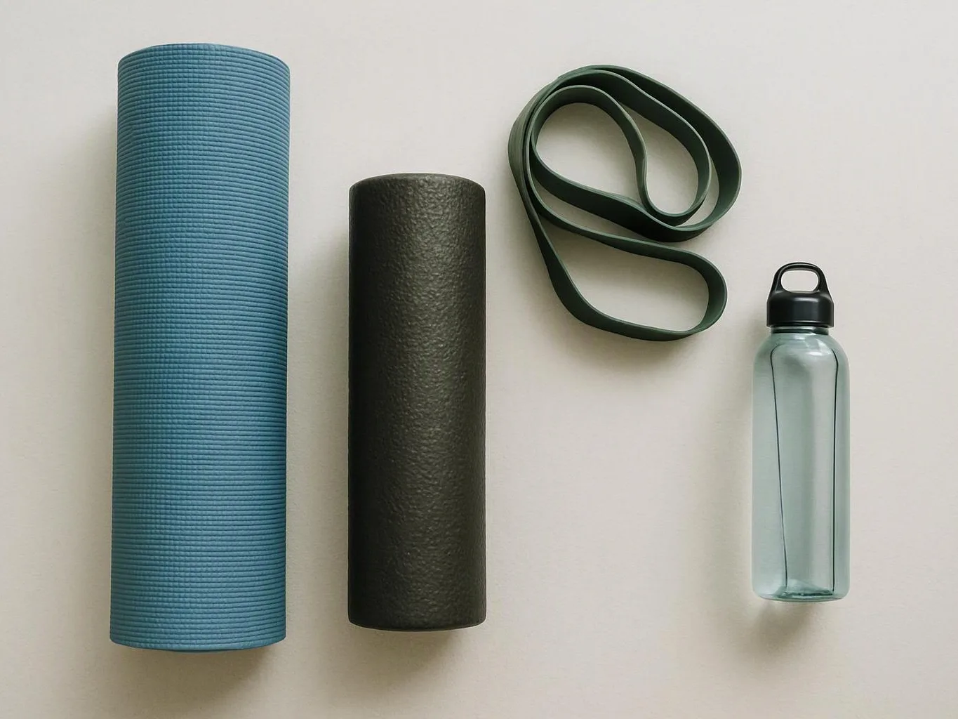 A yoga mat, foam roller, resistance band, and water bottle are arranged on a plain light surface